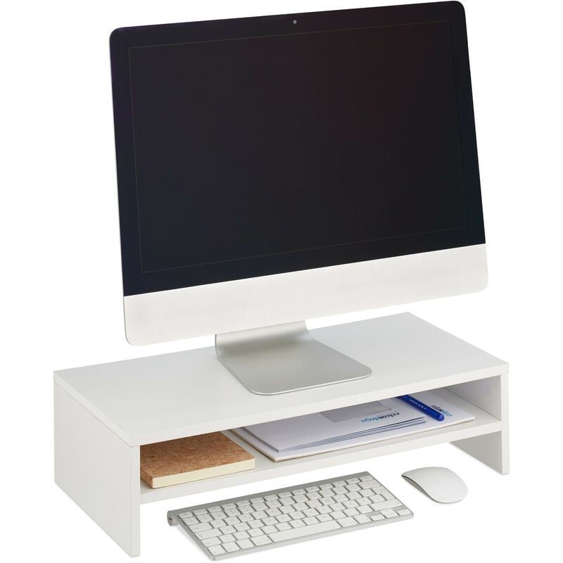 foto del prodotto supporto per monitor, rialzo stand pc con ripiano, hxlxp 14,5x54x25,5 cm, alzaschermo da scrivania, bianco relaxdays