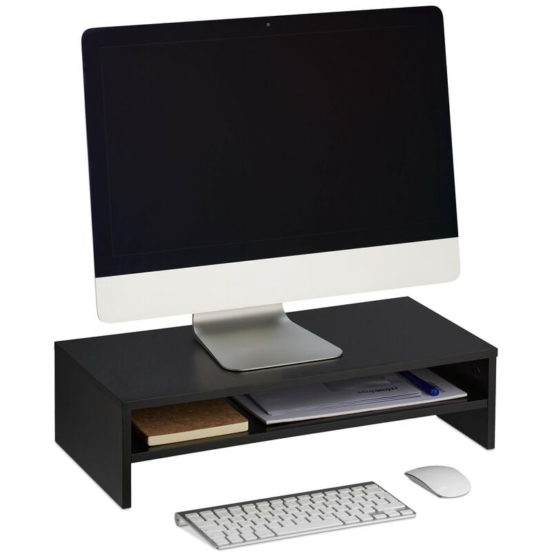 foto del prodotto supporto per monitor, rialzo stand pc con ripiano, hxlxp 14,5x54x25,5 cm, alzaschermo da scrivania, nero relaxdays