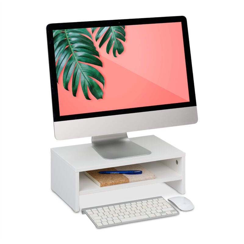foto del prodotto supporto per monitor, rialzo stand pc con ripiano portaoggett, 14x40x23,5 cm, alzaschermo da scrivania, bianco relaxdays