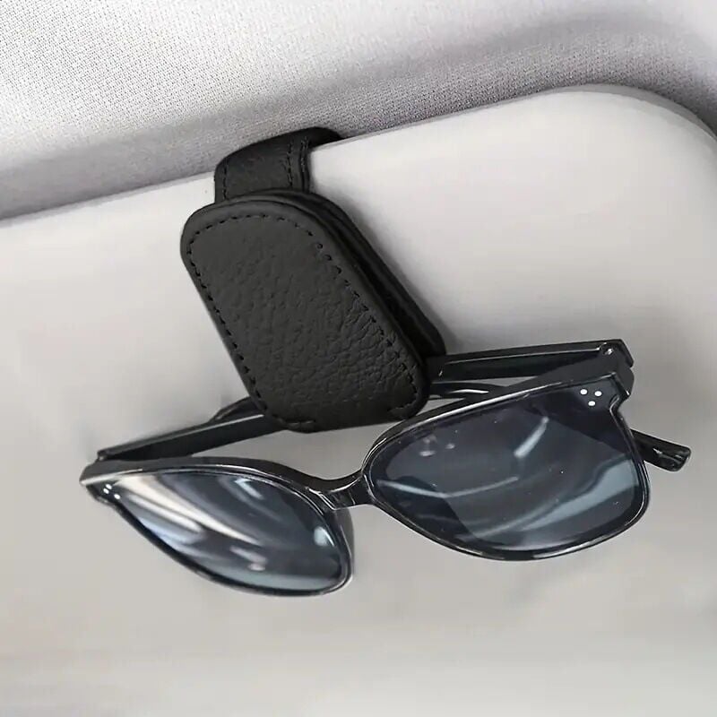 foto del prodotto supporto per occhiali da sole con visiera parasole per auto, supporto magnetico in pelle per occhiali con clip per carte, estensore per occhiali da