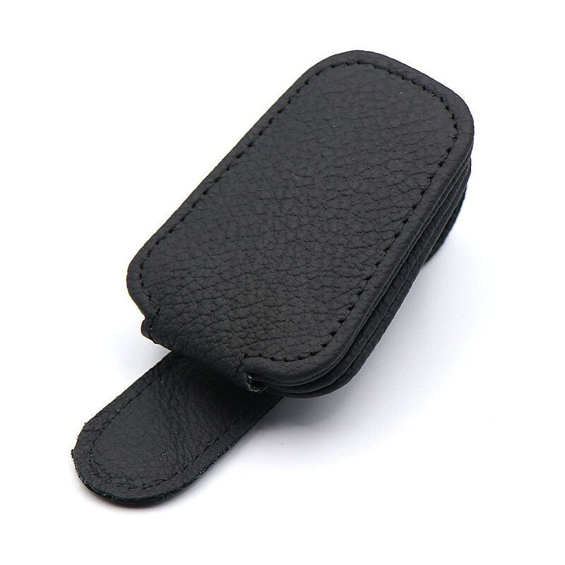 foto del prodotto supporto per occhiali da sole con visiera parasole per auto, supporto magnetico in pelle per occhiali con clip per carte, estensore per occhiali da