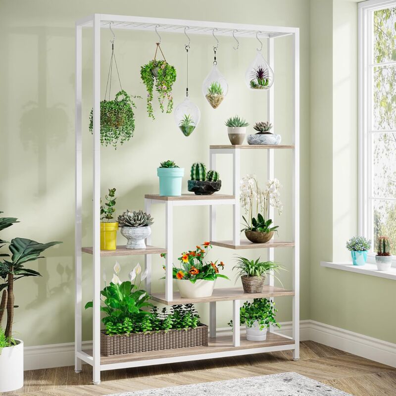 foto del prodotto supporto per piante alto da interno a 5 ripiani, in metallo, con 10 ganci a s, espositore multiuso per bonsai per interni, giardino, balcone,