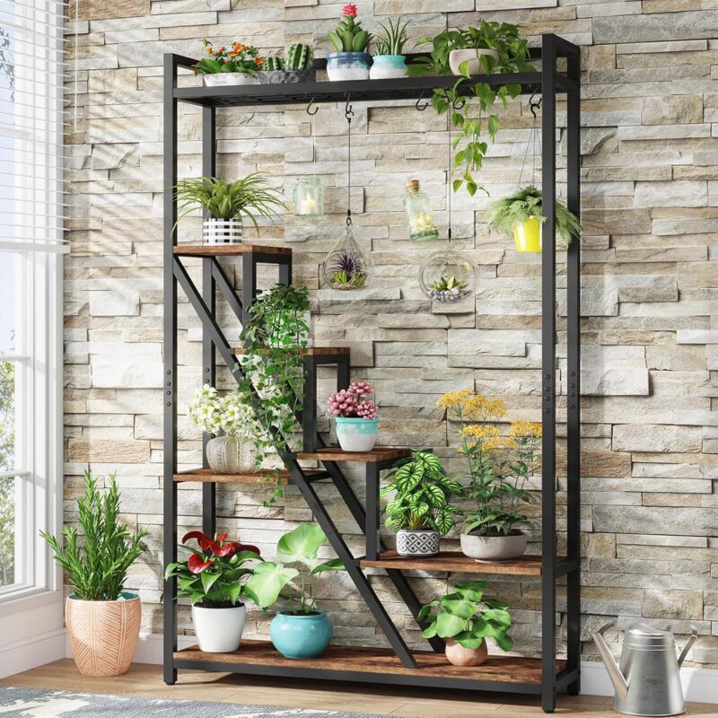 immagine 0 del prodotto supporto per piante da interno alto a 7 livelli, grande scaffale per piante da 180 cm con 10 ganci da appendere, espositore per vasi per bonsai per