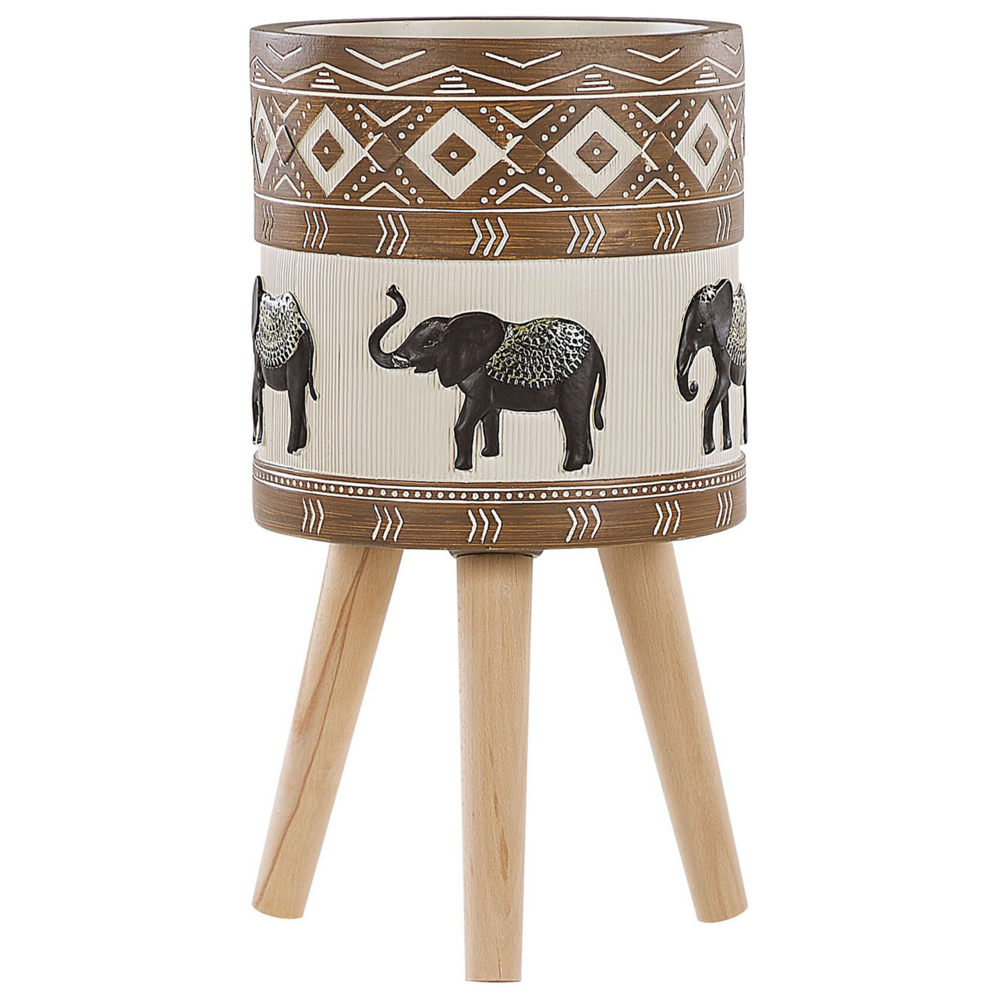 foto del prodotto supporto per piante in magnesio rotondo con base in legno massello rustico con motivo a elefante. vaso per piante alto