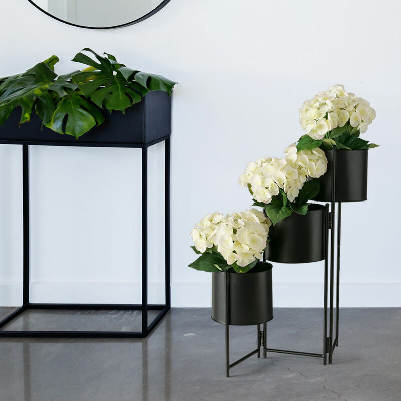 foto del prodotto supporto per piante, portavaso per fiori, 3 contenitori, accessorio per la decorazione del soggiorno, ferro nero, rotondo, lxpxh 51x18x64 cm