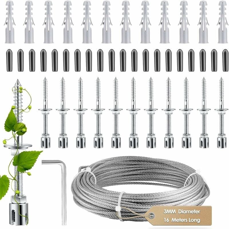 foto del prodotto supporto per piante rampicanti, kit completo in acciaio inox con staffa a parete e corda da 3 mm di diametro lunghezza 16 m 
