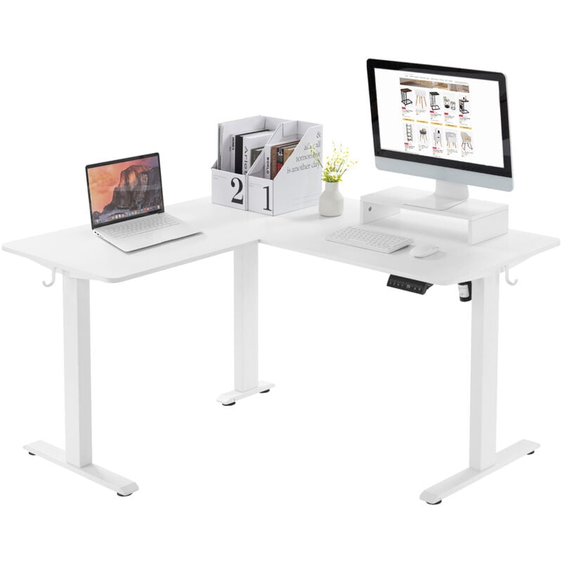 foto del prodotto supporto per scrivania regolabile in altezza elettrica con supporto per monitor e ganci.con 4 controllo memoria.140x120cm.bianco woltu