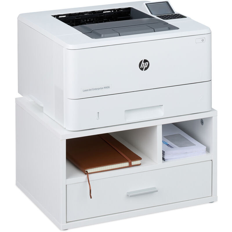 foto del prodotto supporto per stampante con cassetto e 2 scomparti, organizer scrivania portastampanti, hlp 22x40x30 cm, bianco relaxdays