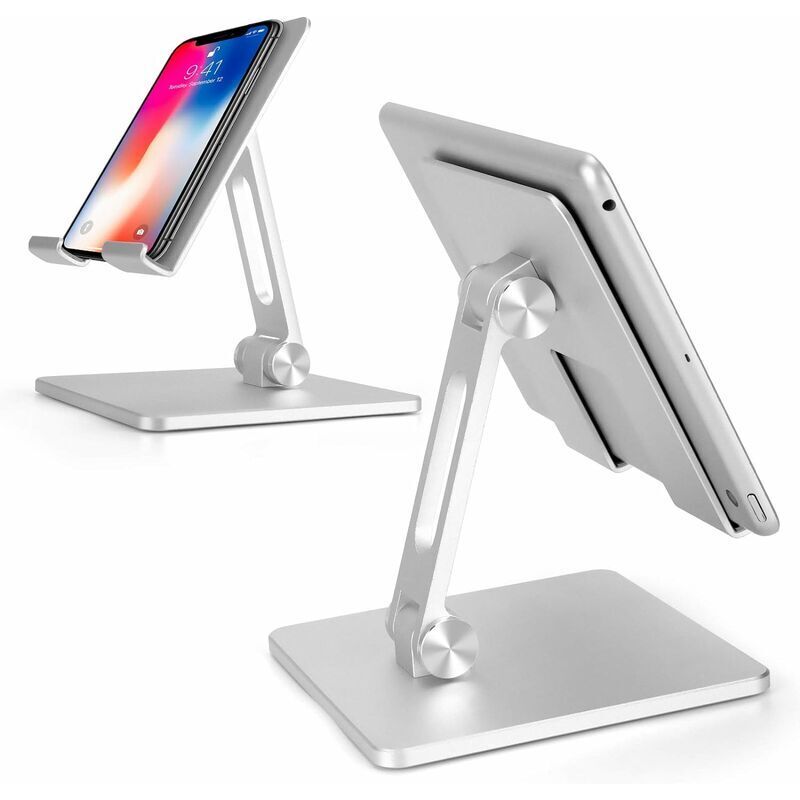 foto del prodotto supporto per tablet pieghevole in alluminio, doppio supporto regolabile in altezza e angolazione per tablet ipad da 4 'a 15,6' argento