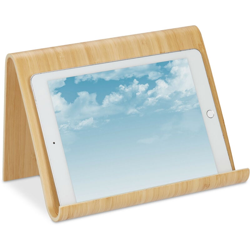 foto del prodotto supporto per tablet, stand leggio porta libri, legno, per cucina o camera da letto, reggi ricettario, marrone relaxdays