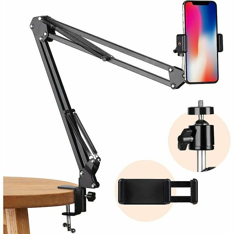 foto del prodotto supporto per telefono cellulare, supporto video, braccio articolato, supporto da tavolo flessibile per streaming live, fotografia piatta, videografia