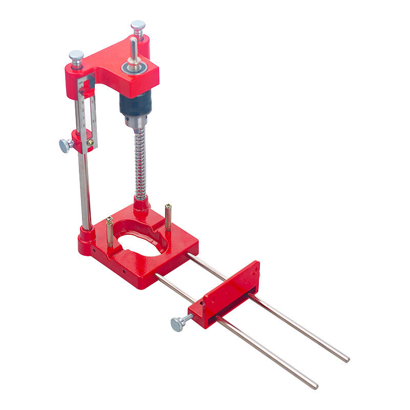 foto del prodotto supporto per trapano, localizzatore di precisione regolabile per trapano su legno, kit di strumenti per guida di foratura verticale per superfici di