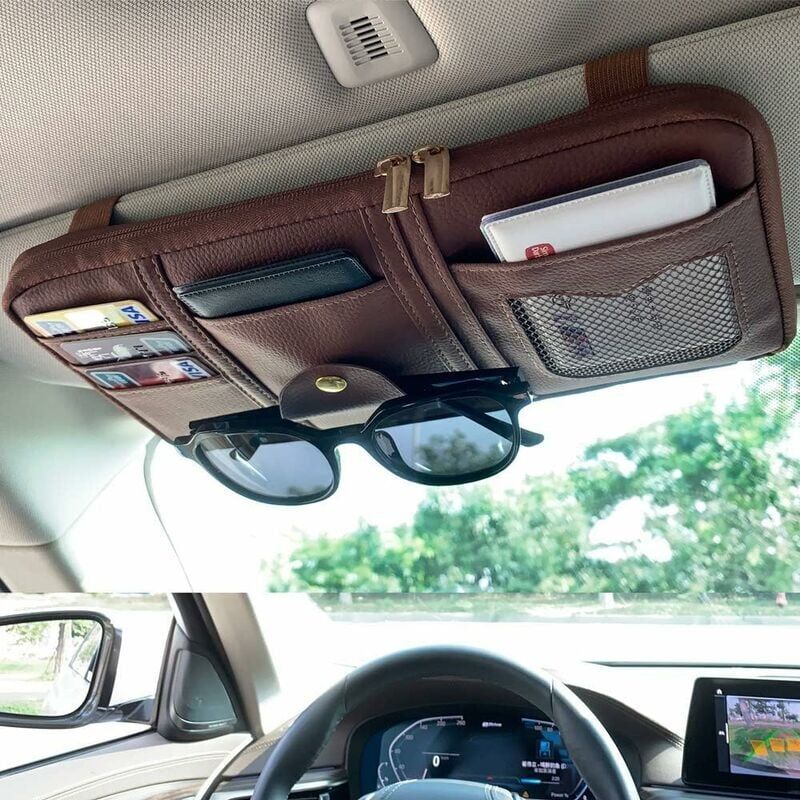 foto del prodotto supporto per visiera parasole per auto in pelle pu, organizer per auto, porta cd dvd, porta carte di credito, porta occhiali da sole, per custodia