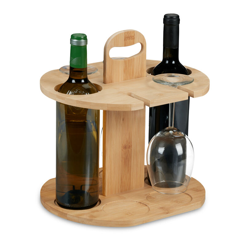 foto del prodotto supporto porta calici con portabottiglie in bamb , 30,5x30x25 cm, 2 bottiglie di vino e 4 bicchieri, naturale relaxdays