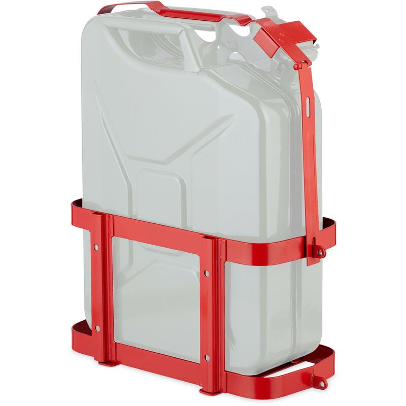 foto del prodotto supporto porta tanica di benzina da 10 e 20 litri, staffa in ferro, sostegno serbatoio auto e moto, rosso relaxdays