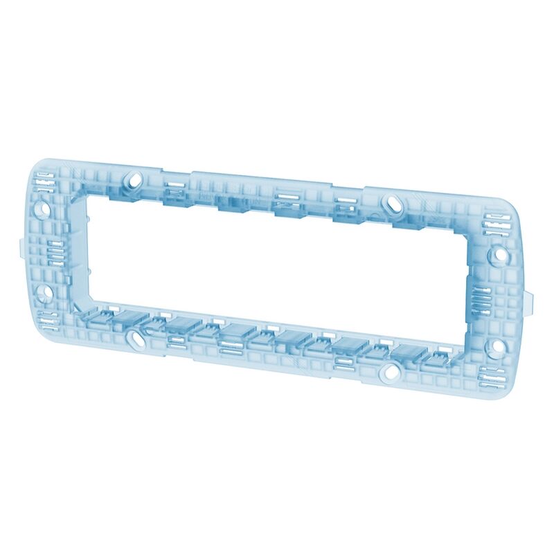 foto del prodotto supporto portafrutti 7 moduli 506 in plastica trasparente azzurro compatibile anche con bticino livinglight