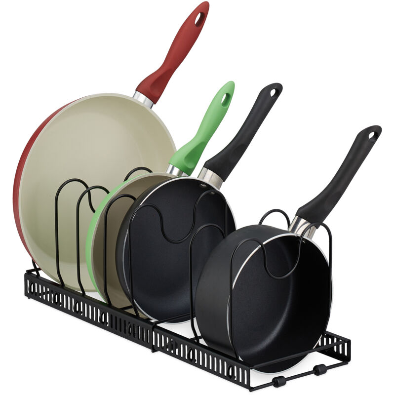 foto del prodotto supporto portapadelle estraibile, organizer per pentole, rastrelliera per coperchi, 19x59x18 cm, ferro, nero relaxdays