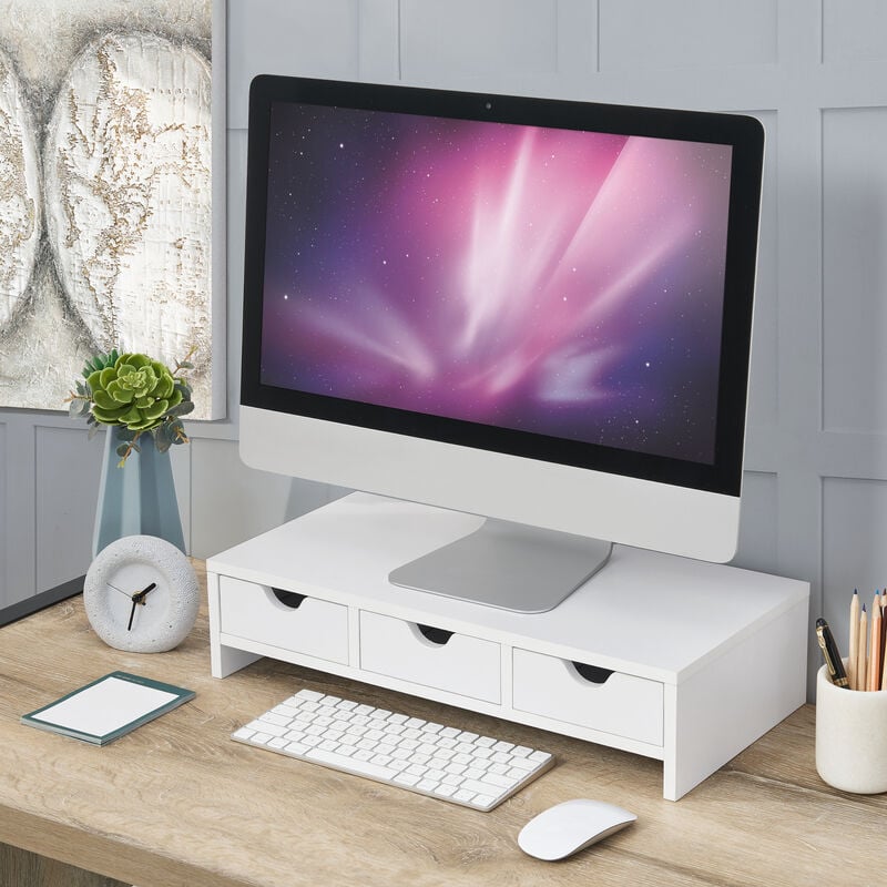 foto del prodotto supporto rialzo ruovesi per monitor con 3 cassetti bianco en.casa 