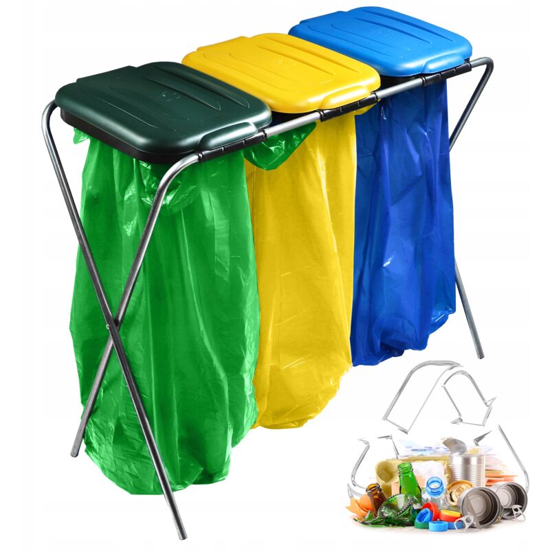 foto del prodotto supporto triplo per sacco della spazzatura kadax con coperchio in plastica per sacco della spazzatura da 120 litri verde giallo blu