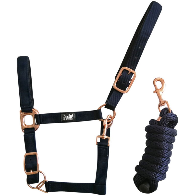 foto del prodotto supreme cavezza in nylon con rinforzo in neoprene e fibbie cromate color oro rosa full, marrone