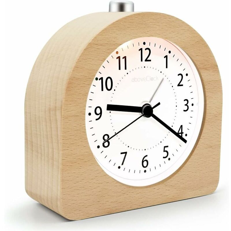 foto del prodotto sveglia a batteria con funzione snooze, sveglia da viaggio in legno, sveglia analogica silenziosa e senza ticchettio, con lancette che salgono,