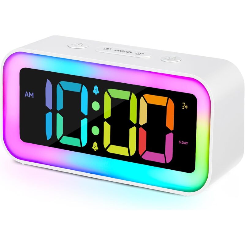 foto del prodotto sveglia ad alto volume per camera da letto con luce notturna rgb dinamica, per adulti che dormono, doppia sveglia, dimmer, caricabatterie usb,