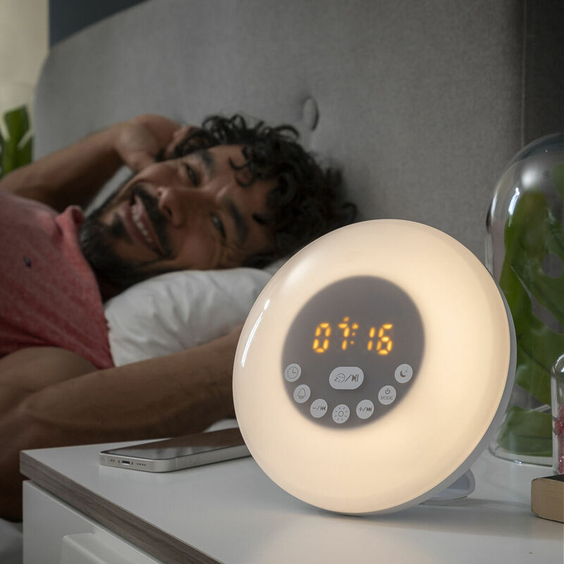 foto del prodotto sveglia alba ricaricabile con altoparlante sunrilk innovagoods