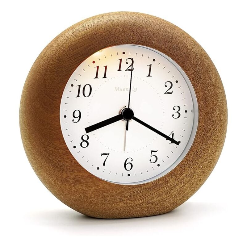 foto del prodotto sveglia analogica senza ticchettio, sveglia in legno con sveglia a ripetizione, sveglia a batteria senza radiazioni, orologio da scrivania con luce