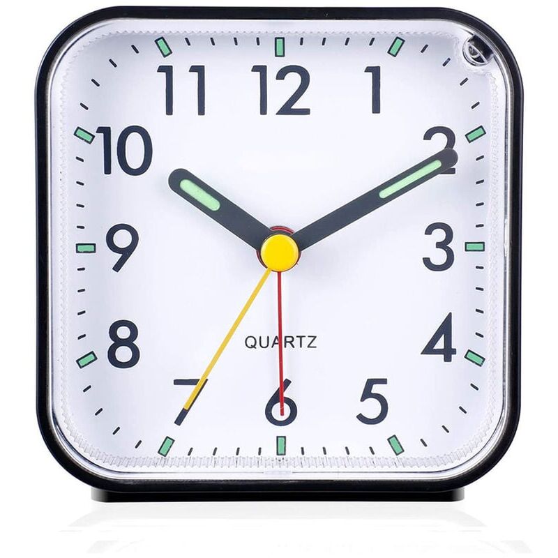 foto del prodotto sveglia analogica silenziosa senza ticchettio, sveglia dolce, segnali acustici, aumento del volume, funzioni snooze e luce, funzionamento a batteria