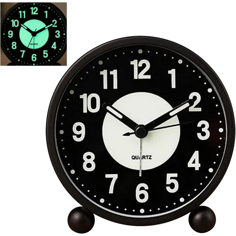 foto del prodotto sveglia con luci, orologio da tavolo analogico rotondo silenzioso da 4 , senza ticchettio, alimentato a batteria, con sveglia ad alto volume e luce
