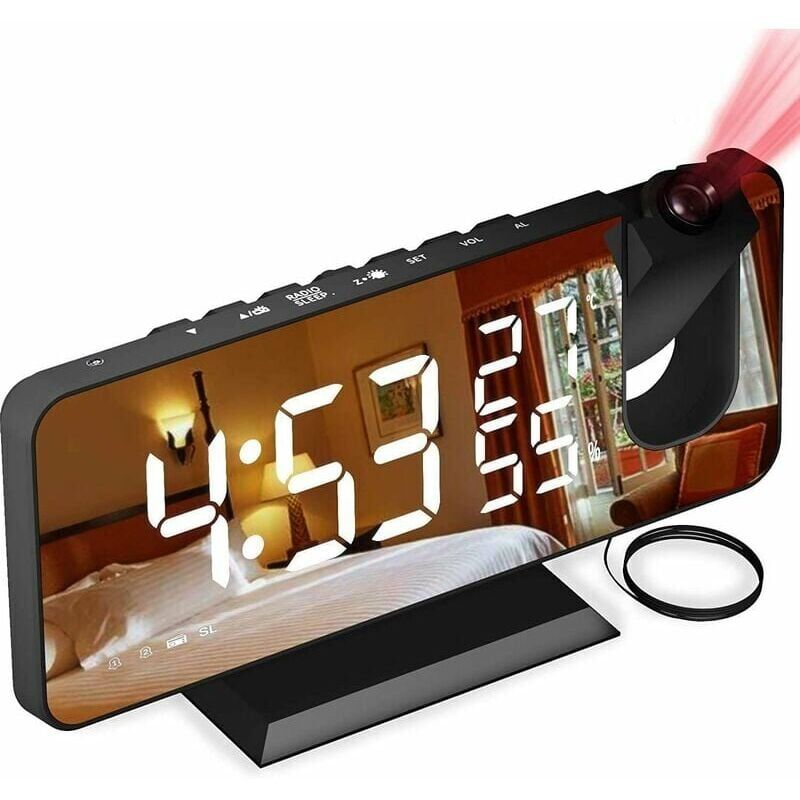 foto del prodotto sveglia con proiettore con radio, orologio digitale, radiosveglia usb con doppio allarme e display a specchio a 7 led caratteri bianchi 