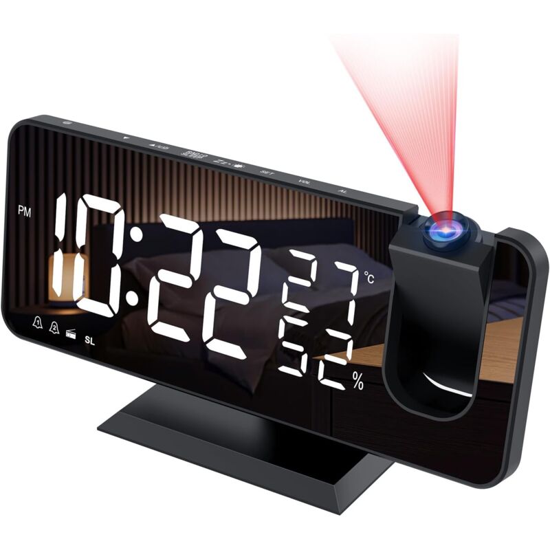 foto del prodotto sveglia con proiettore con radio, orologio digitale, sveglia radio usb con doppio allarme e schermo a specchio a 7 led, funzione snooze, 4 livelli di