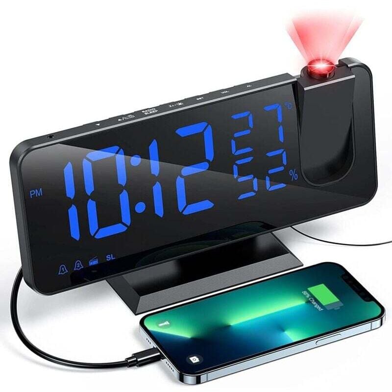 foto del prodotto sveglia con proiettore e radio, orologio digitale, sveglia con porta usb, 3 livelli di luminosit regolabili, snooze e 15 livelli di volume, 12 24