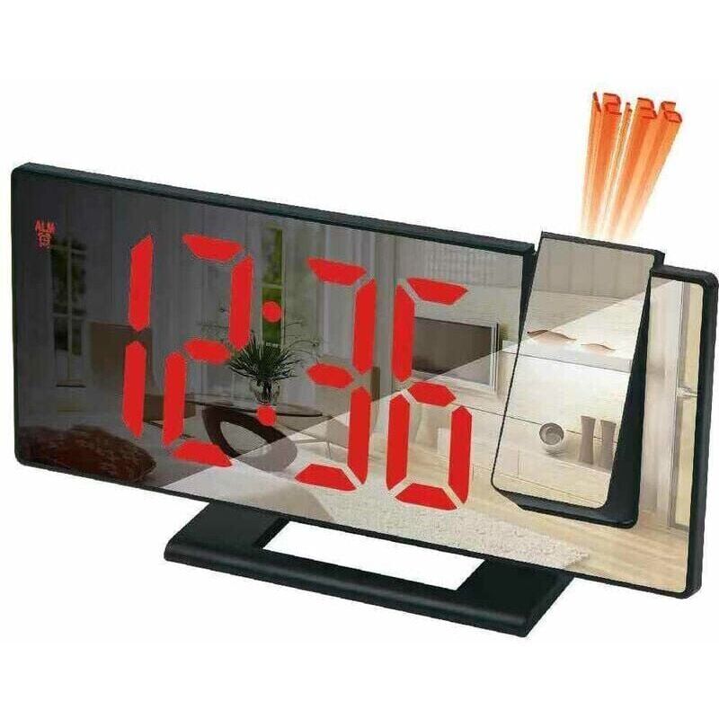 foto del prodotto sveglia con proiettore, sveglia con proiezione a 180 , orologio digitale con display led a specchio, porta usb, funzione snooze, 4 livelli di
