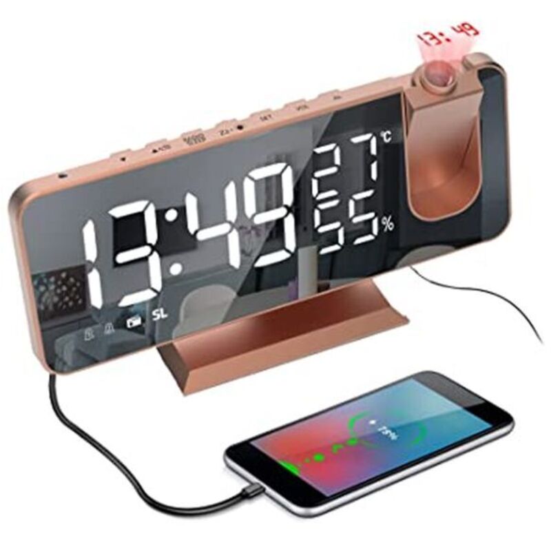 foto del prodotto sveglia con proiezione a soffitto orologio digitale con schermo a specchio dimmer e proiettore 15 volumi 2 suonerie radio fm sveglia oro rosa
