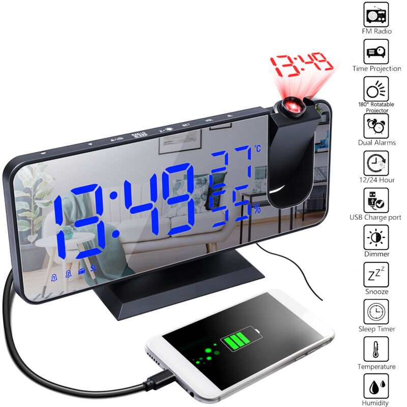 foto del prodotto sveglia con proiezione digitale, con superficie a specchio 4 in 1, orologio con proiettore da 180 gradi, monitor di temperatura e umidit interna,