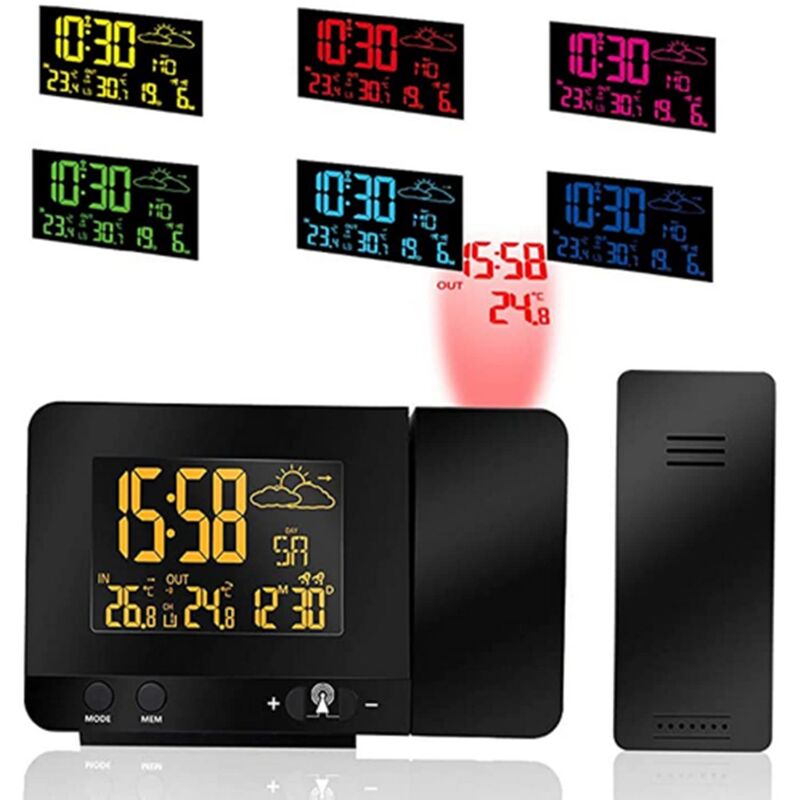 foto del prodotto sveglia con proiezione digitale, temperatura interna ed esterna, previsioni del tempo, visualizzazione della data su 12 24 ore, funzione snooze,
