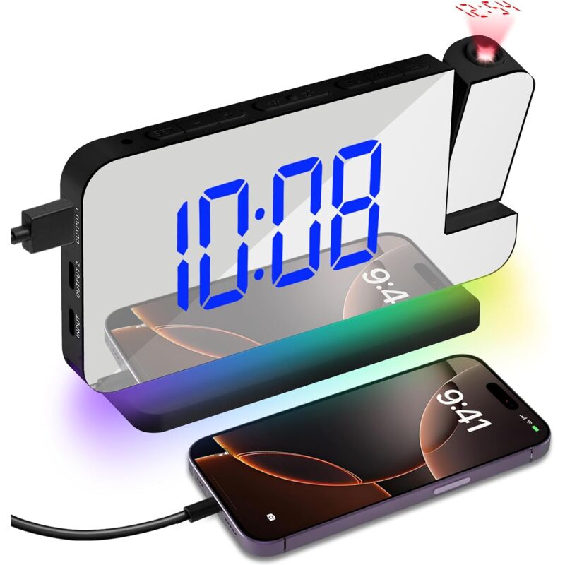 foto del prodotto sveglia con proiezione, orologio digitale a led, sveglia con proiettore da soffitto con ricarica usb e rotazione di 180 , display a led rgb a 11