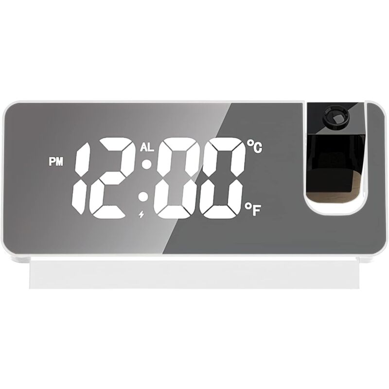 foto del prodotto sveglia con proiezione, radiosveglia con proiezione a 180 , sveglia a led, orologio digitale, snooze, doppio gong, temperatura di carica, porta usb,