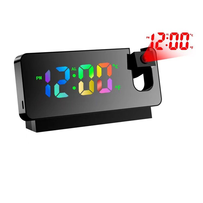 foto del prodotto sveglia con proiezione, sveglia a specchio, con visualizzazione della temperatura e ampio schermo led, girevole a 180 , alimentata tramite usb, con