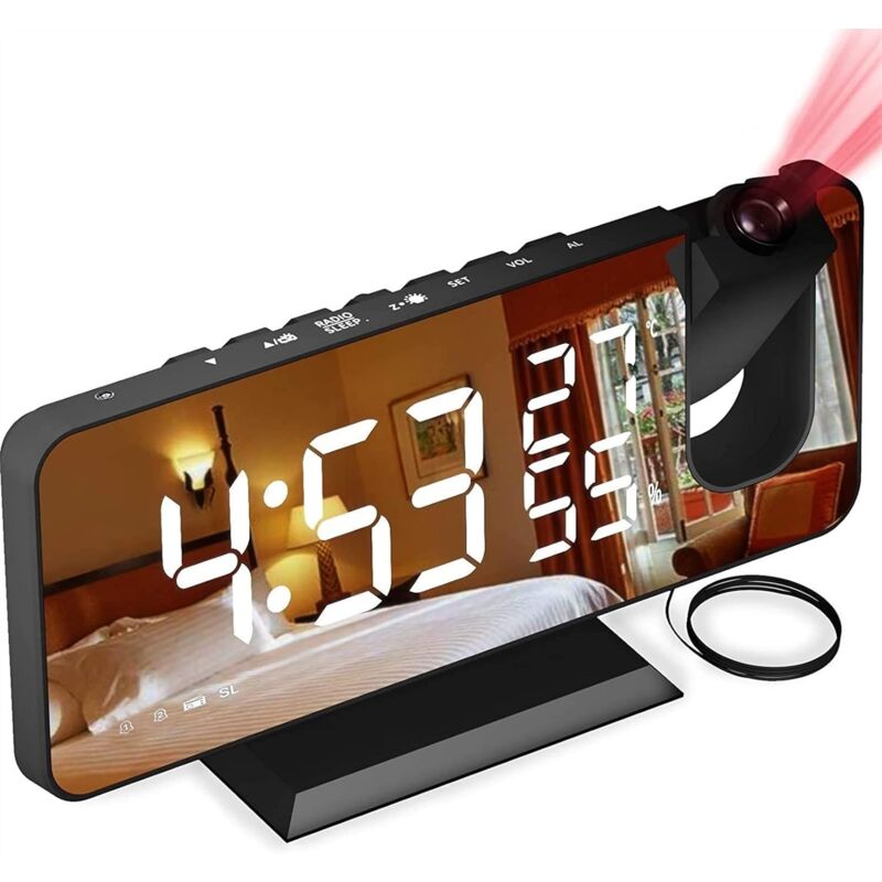 foto del prodotto sveglia con proiezione, sveglia digitale a led con superficie a specchio, porta di ricarica usb, snooze, doppia sveglia, radio fm, temperatura