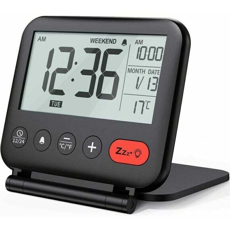 foto del prodotto sveglia da viaggio mini orologio digitale lcd portatile con calendario retroilluminato 12 24 ore temperatura specchio per il trucco piccolo orologio