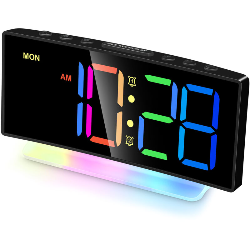 foto del prodotto sveglia digitale a led curva con luce rgb, doppio allarme, 12 24 ore, luminosit regolabile adattatore incluso 