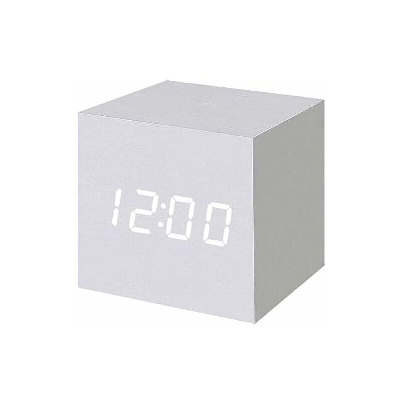 foto del prodotto sveglia digitale a led in legno, orologio digitale a cubo con visualizzazione di data e temperatura, alimentato tramite usb batteria bianco 