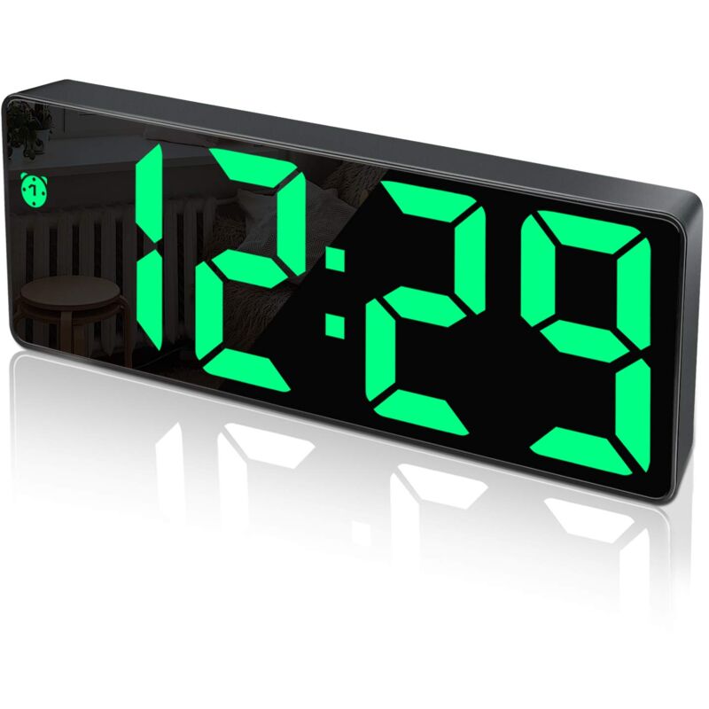 foto del prodotto sveglia digitale, ampio display led, orologio con superficie a specchio con funzione snooze e connessione di ricarica usb, luminosit regolabile,