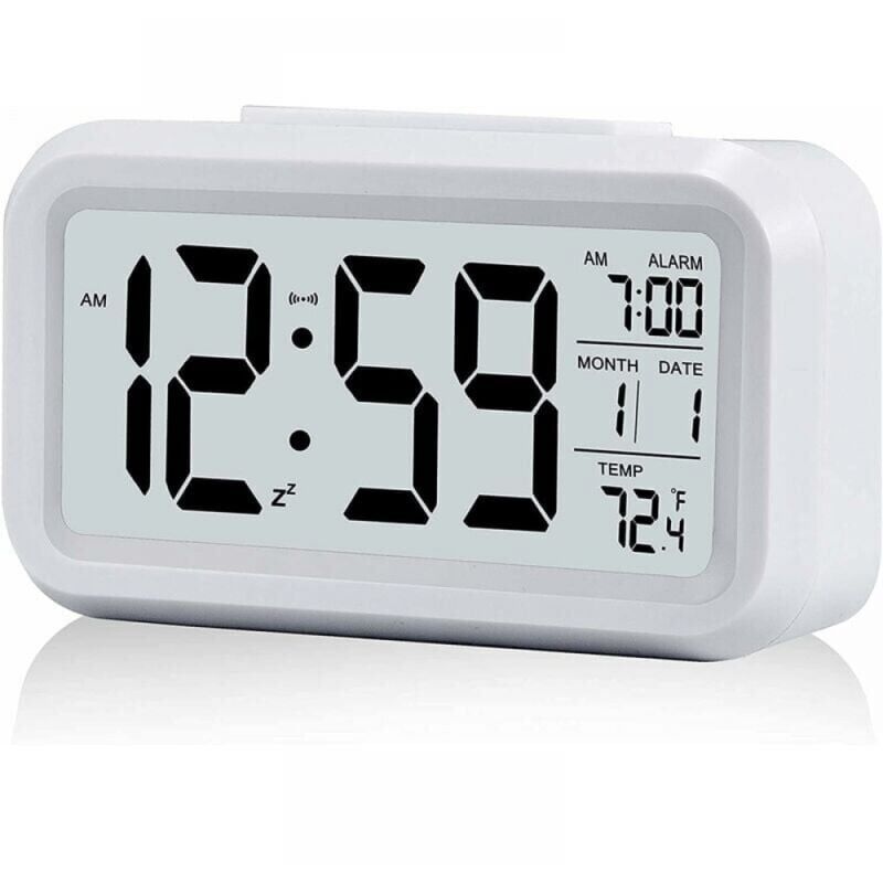 foto del prodotto sveglia digitale bianca, sveglia mattutina, orologio digitale a batteria, sveglia silenziosa per bambini e adulti, ampio display led, calendario
