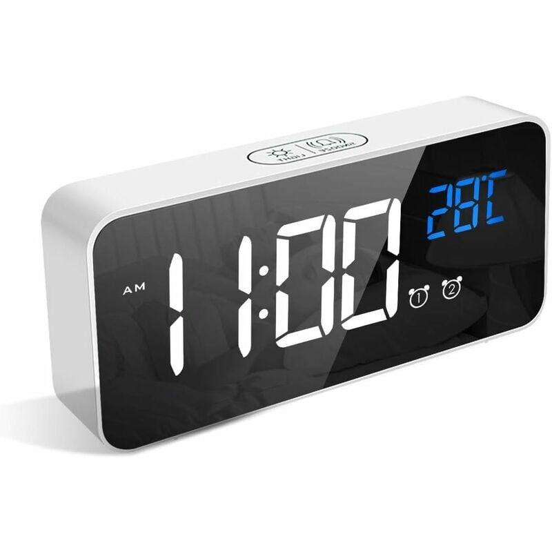 foto del prodotto sveglia digitale con ampio display led della temperatura, orologio da comodino con 13 suoni di allarme, porta di ricarica usb, dimmer di luminosit 