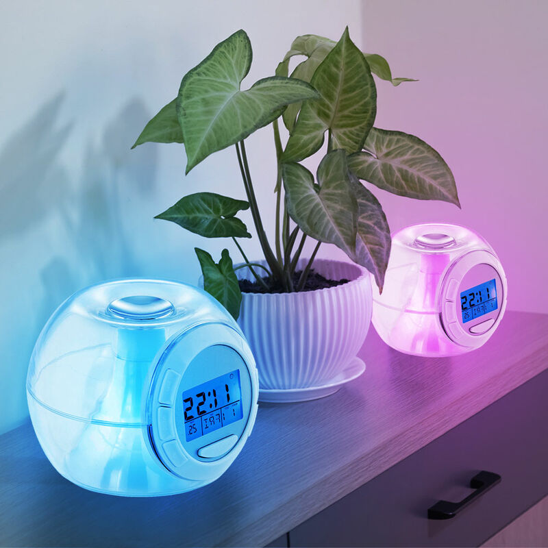 foto del prodotto sveglia digitale con display a led e temperatura della data cambio di colore rgb con 6 toni naturali, plastica trasparente, h 8,5 cm, set da 2