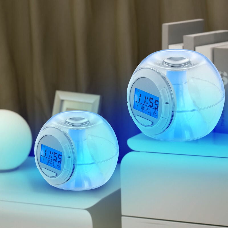 foto del prodotto sveglia digitale con display a led e temperatura della data cambio di colore rgb con 6 toni naturali, plastica trasparente, h 8,5 cm, set da 2