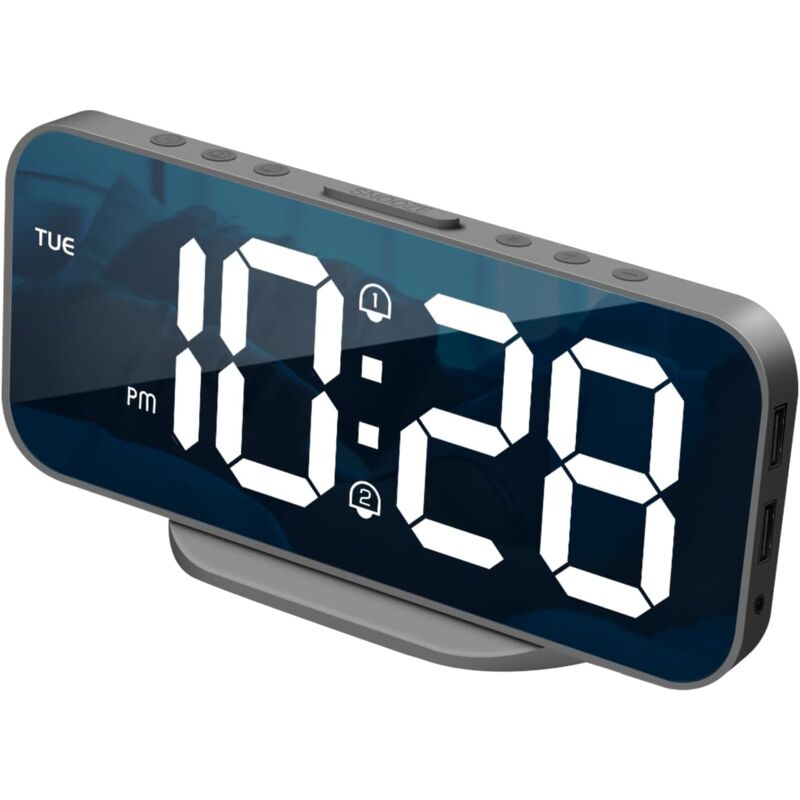 foto del prodotto sveglia digitale con doppia sveglia, specchio led per cameretta, luminosit regolabile, funzione snooze, 2 porte usb per caricare il cellulare,